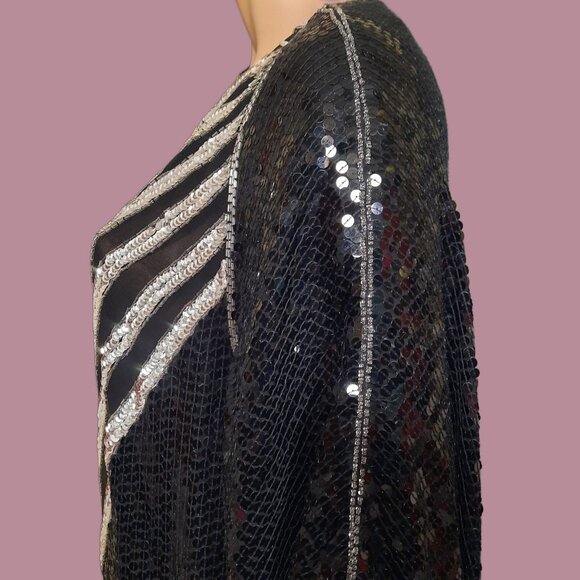 Vintage 80s Ann Green Art Deco Silk Sequined Top Pants Set Black Silver Womens L - Picture 5 of 10